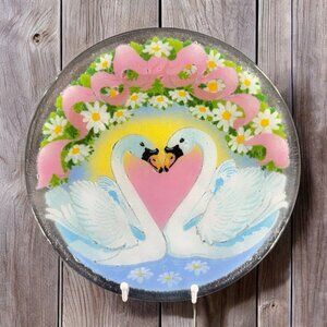 Peggy Karr Fused Glass Plate Kissing Swans Large Dish Plate Round 11inch Wide